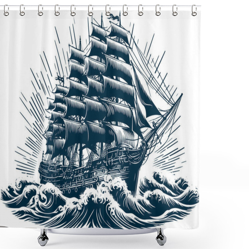 Personality  Vintage Style Vector Illustration Of A Sailing Ship Battling Ocean Waves Created In An Engraved Techniq Shower Curtains