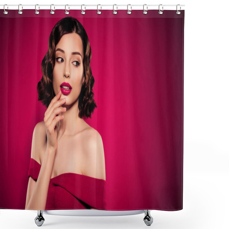 Personality  Photo Of Feminine Dreamy Female Tender Model Look Empty Space Chic Isolated On Burgundy Gradient Background Shower Curtains