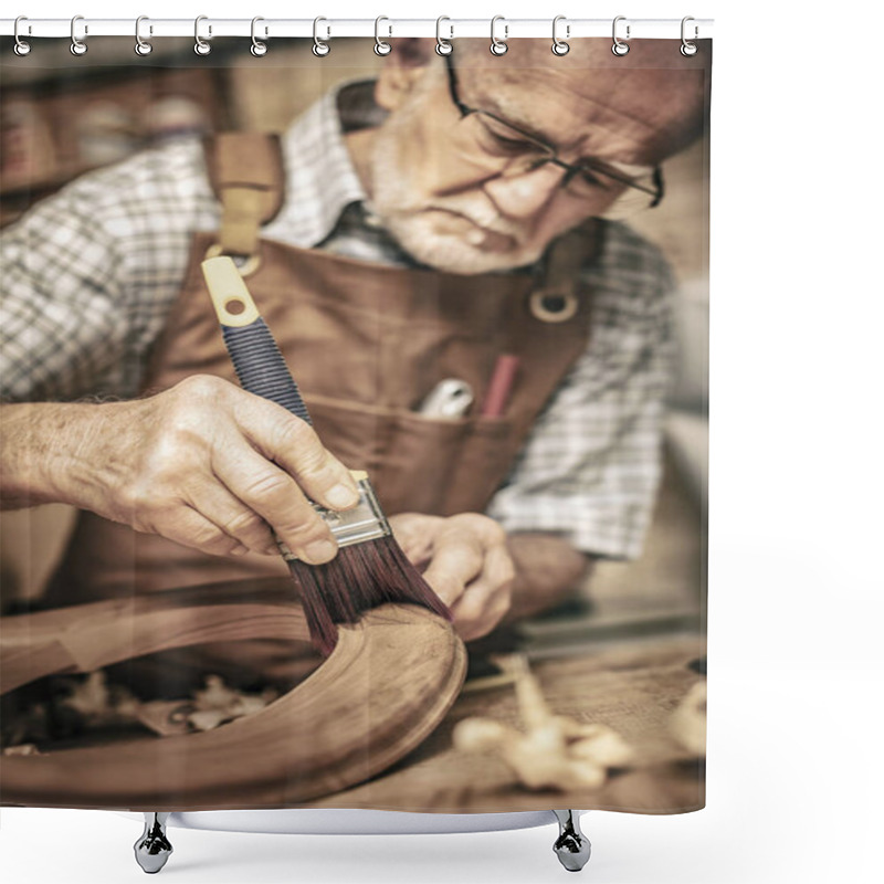 Personality  Elderly Carpenter Uses A Brush On An Unfinished Chair Shower Curtains