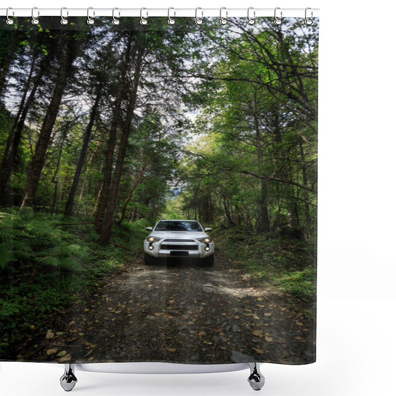 Personality  Driving Off Road Car In The High Altitude Mountain Forest Shower Curtains