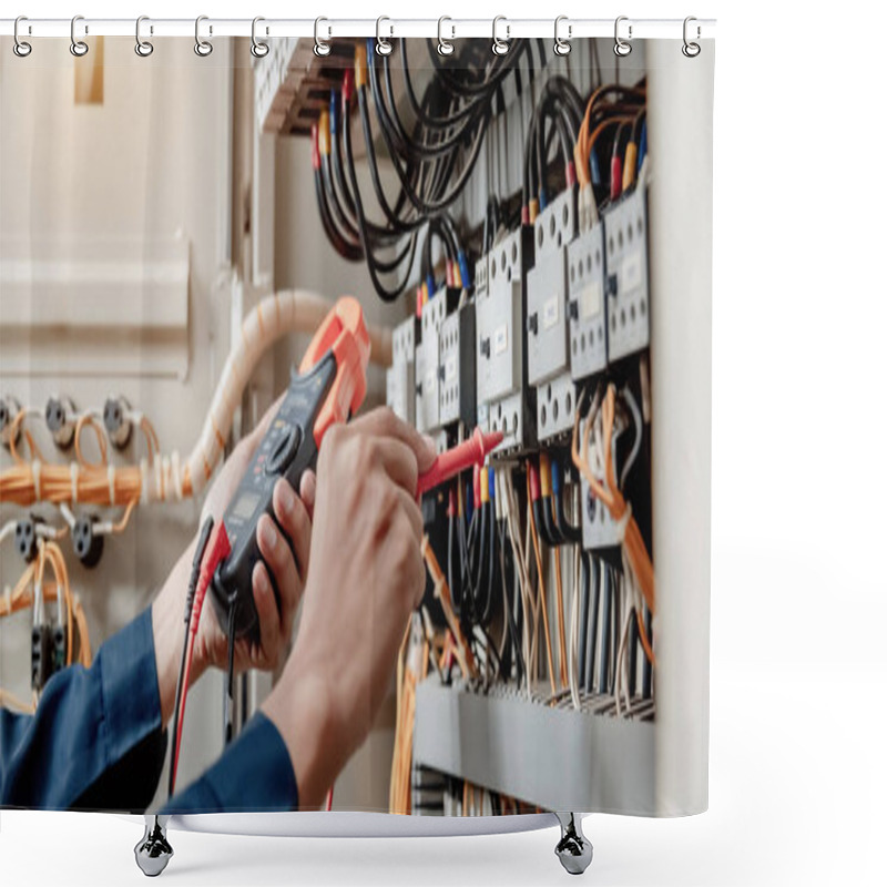 Personality  Electrician Engineer Uses A Multimeter To Test The Electrical Installation And Power Line Current In An Electrical System Control Cabinet. Shower Curtains