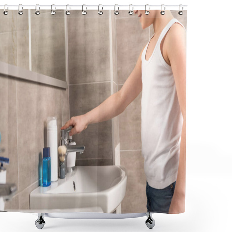 Personality  Cropped View Of Smiling Boy Standing Near Sink In Bathroom Shower Curtains