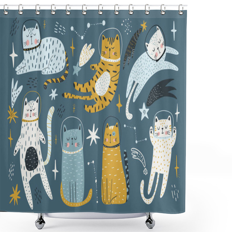 Personality  Cute Cats Astronauts Traveling In Outer Space. Animal Cosmonaut Adventure In Cosmos. Flat Vector Illustration Of Funny Feline In Universe Shower Curtains