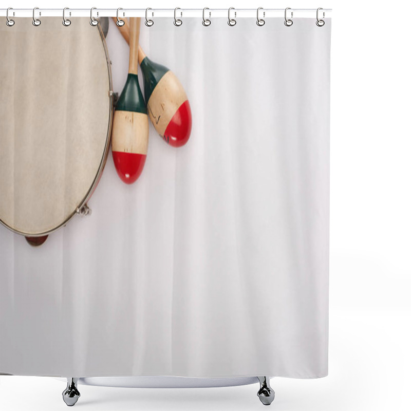 Personality  Top View Of Wooden Maracas Near Tambourine On White Background Shower Curtains