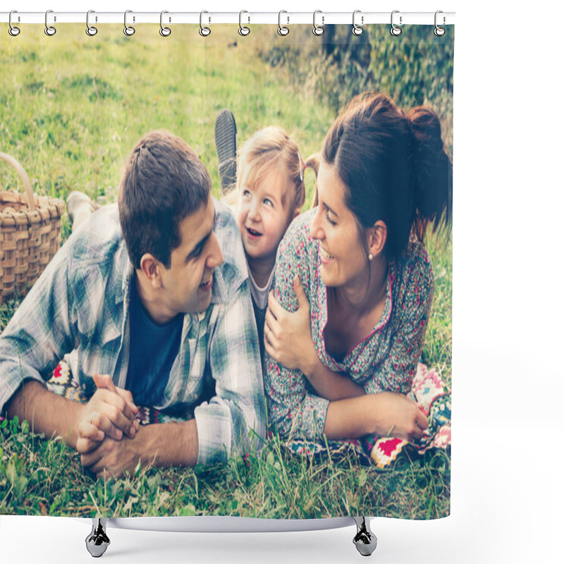 Personality  Happy Family Of Three Lying In The Grass In Autumn Shower Curtains