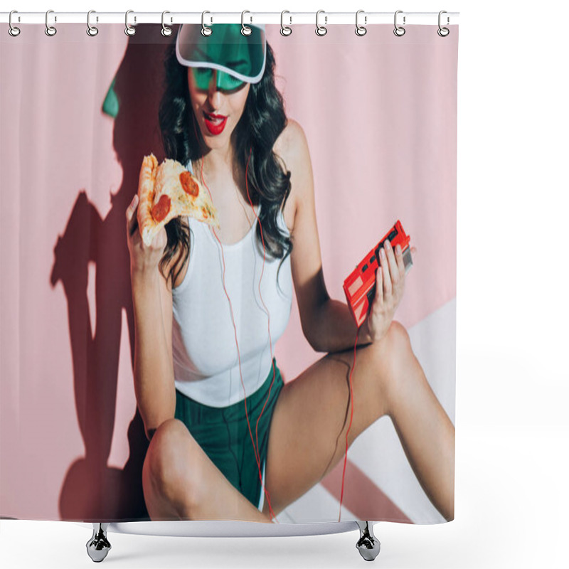 Personality  Stylish Woman In Cap With Retro Music Player Holding Piece Of Pizza On Pink Backdrop Shower Curtains