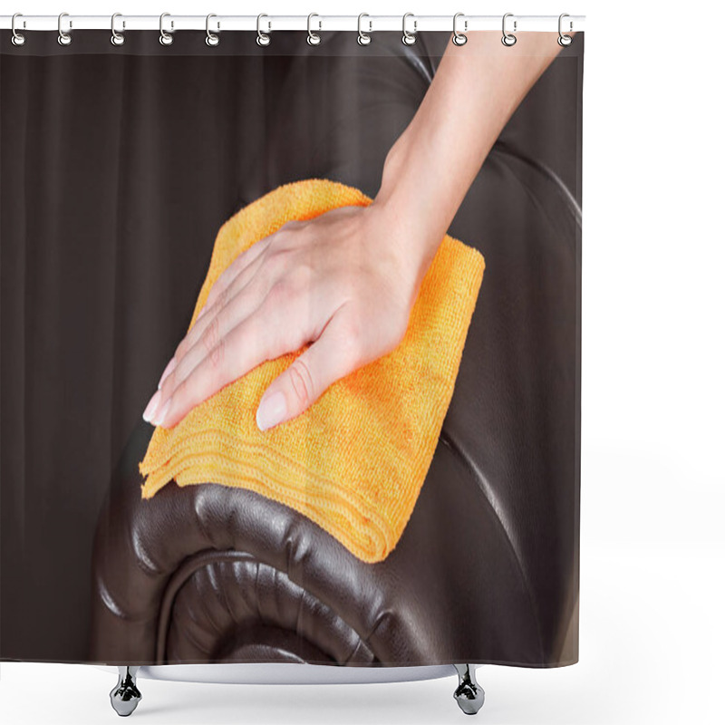 Personality  Closeup Shot Of Female Hand Wiping Brown Leather Chester Couch O Shower Curtains