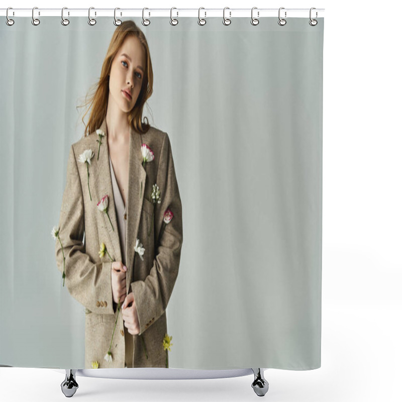 Personality  A Woman Showcases A Fashionable Look Featuring Fresh Flowers On Her Attire. Shower Curtains