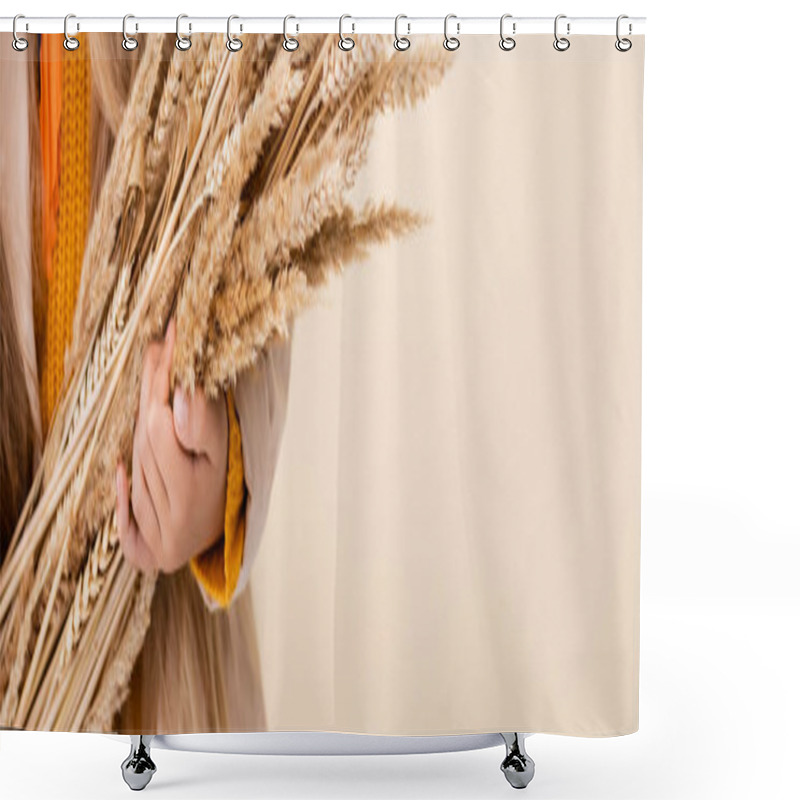 Personality  Cropped View Of Fashionable Blonde Girl In Autumn Outfit Holding Wheat Spikes Isolated On Beige, Panoramic Shot Shower Curtains