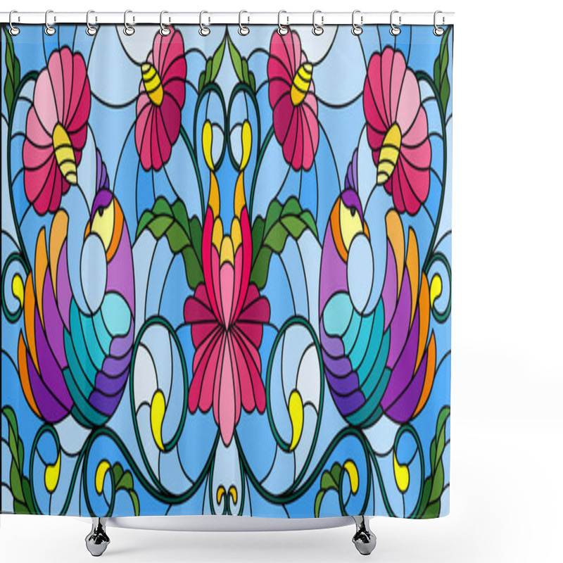 Personality  Illustration In Stained Glass Style With A Pair Of Abstract Purple Birds , Flowers And Patterns On A Blue  Background , Horizontal Image Shower Curtains