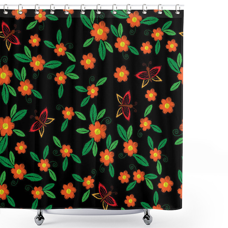 Personality  Seamless Embroidery Pattern With Butterfly And Orange Flower Wit Shower Curtains