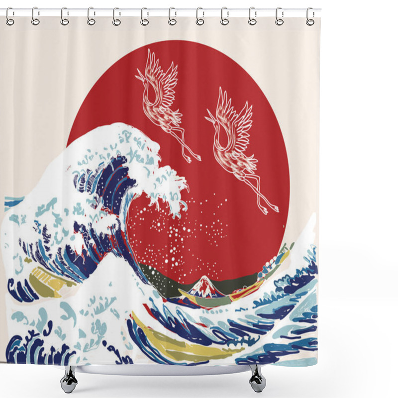 Personality  Japanese Style Background Vector. Storks And Wave Hand Drawing Vector Illustration Shower Curtains