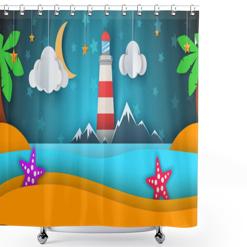 Personality  Cartoon Paper Island. Beach, Palm, Star, Cloud, Mountain, Moon, Sea. Shower Curtains