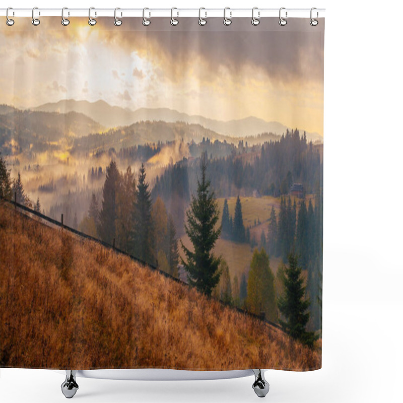 Personality  Sunrise Misty Morning Taken In Carpathian Mountains, Ukraine Shower Curtains