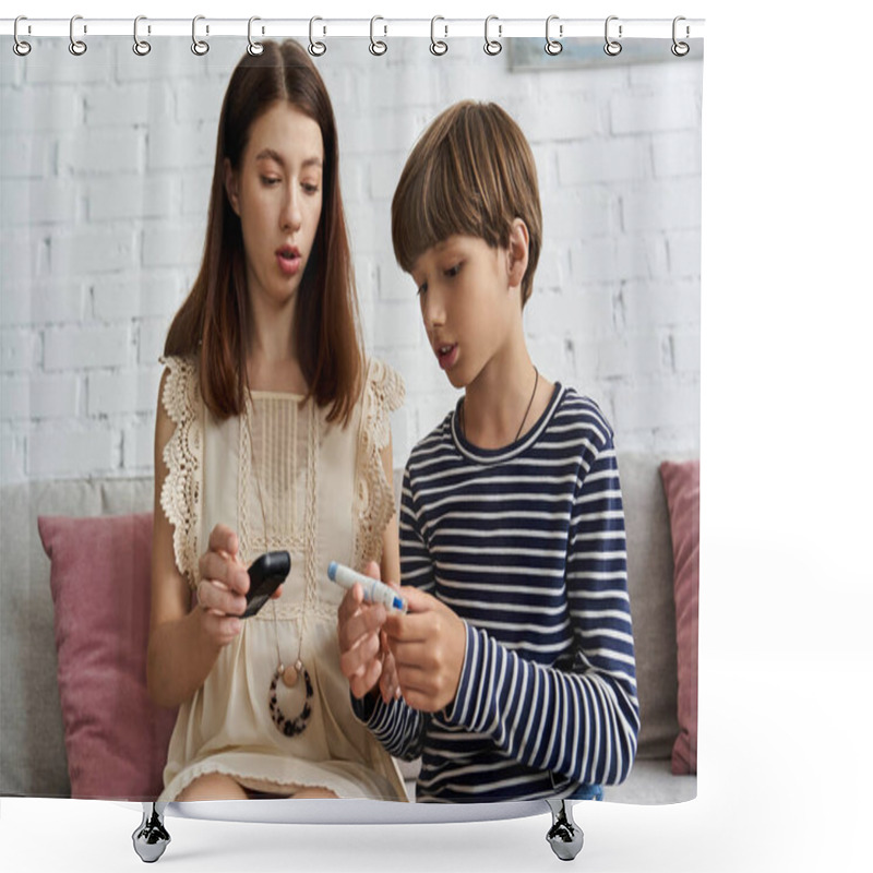 Personality  In A Cozy Living Room, A Young Mother Explains Diabetes Management To Her Son. Shower Curtains