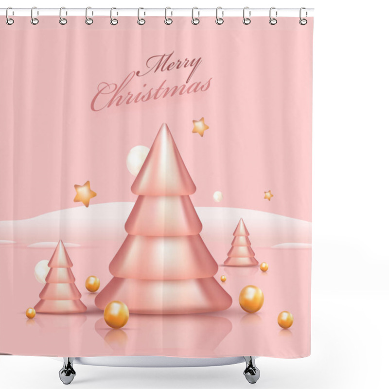 Personality  3D Glossy Xmas Trees With Golden Stars, Pearls And Snow On Pastel Pink Background For Merry Christmas. Shower Curtains