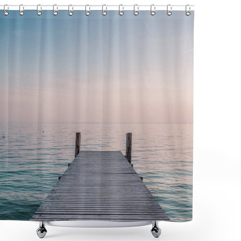 Personality  View Of A Wooden Pier On The Seashore With Clear Morning Sky And Sea With Turquoise Water. Shower Curtains