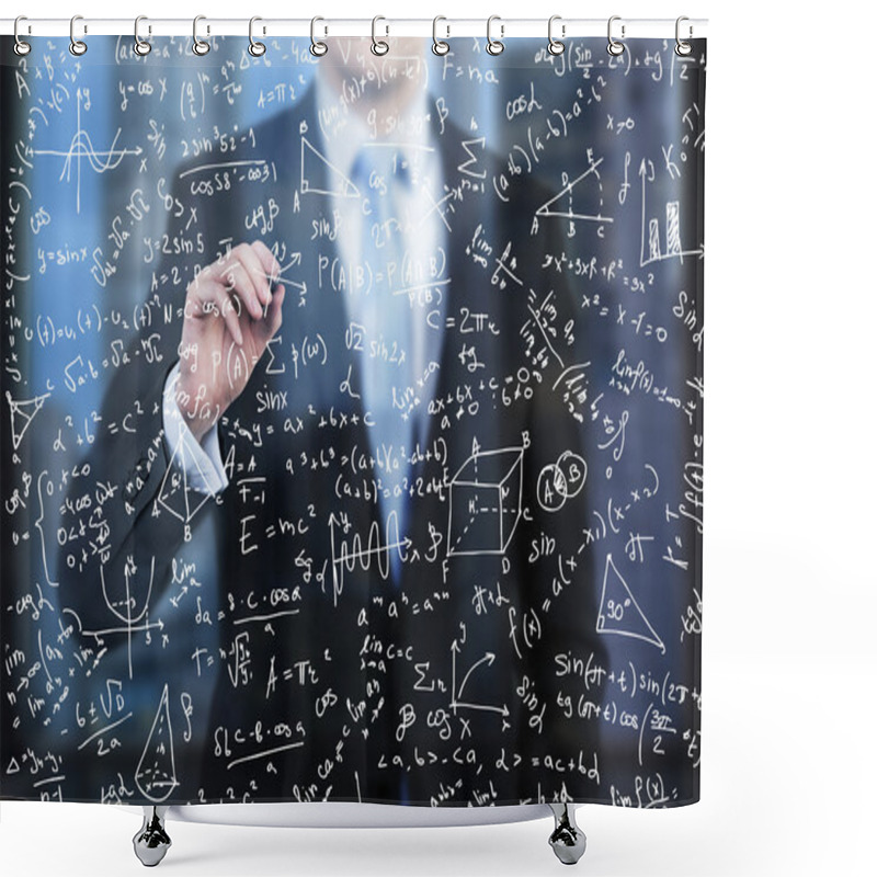 Personality  A Business Person Is Writing Down Math Formulas On The Glass Screen In The Evening Modern Panoramic Office. Shower Curtains