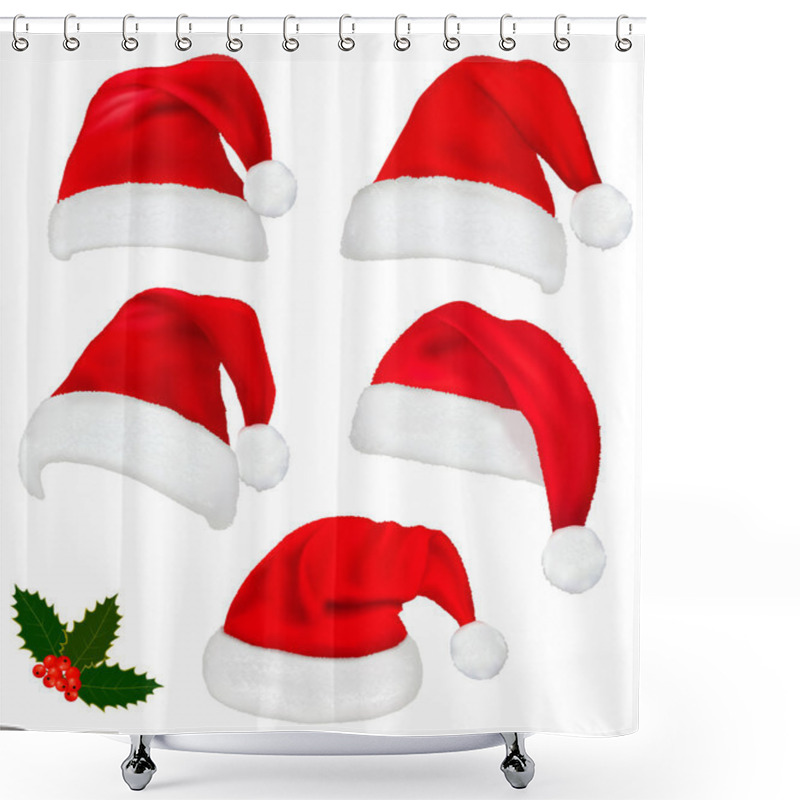 Personality  Collection Of Red Santa Hats With And Christmas Holly. Vector. Shower Curtains