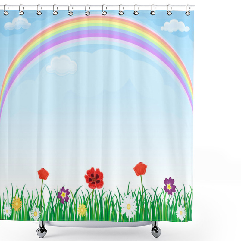 Personality  Rainbow Over Meadow With Grass And Flowers Shower Curtains