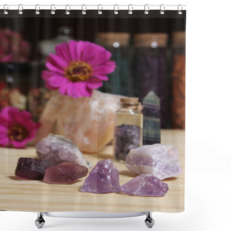 Personality  Amethyst Crystals With Flowers And Incense Cones On Meditation Altar Shower Curtains