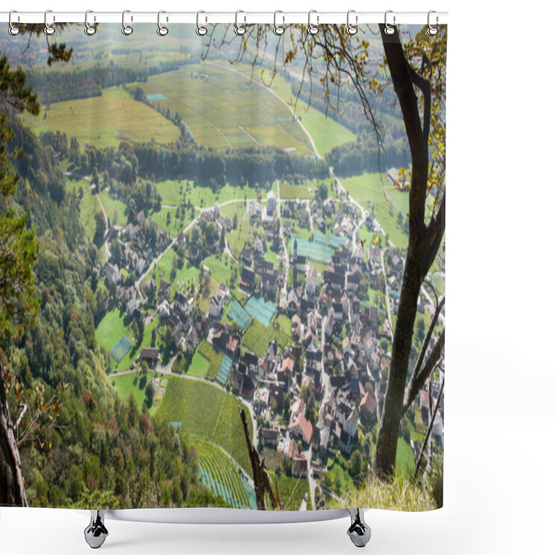 Personality  View Of A Beautiful Small Alpine Village With Many Vineyards Seen From Above And Framed By Leaves And Trees Shower Curtains