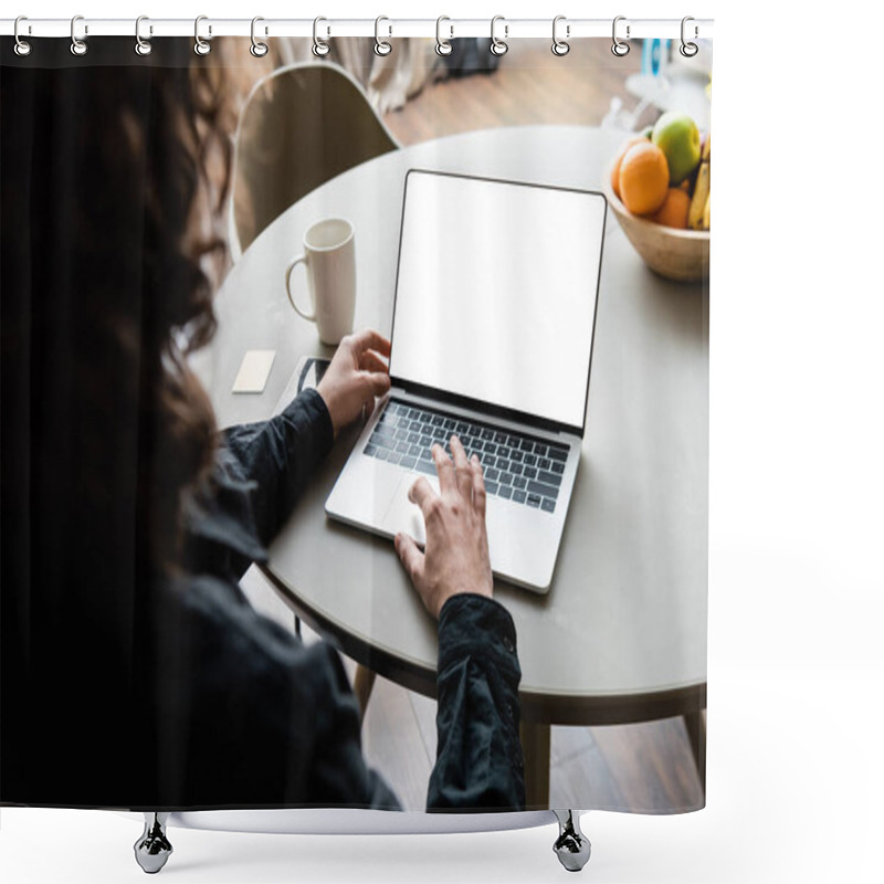 Personality  Back View Of Freelancer Using Laptop With White Screen Near Coffee Cup, Sticky Notes And Fruits Shower Curtains