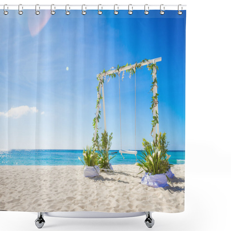 Personality  Wedding Swing Decorated With Flowers On Tropical Sand Beach, Out Shower Curtains