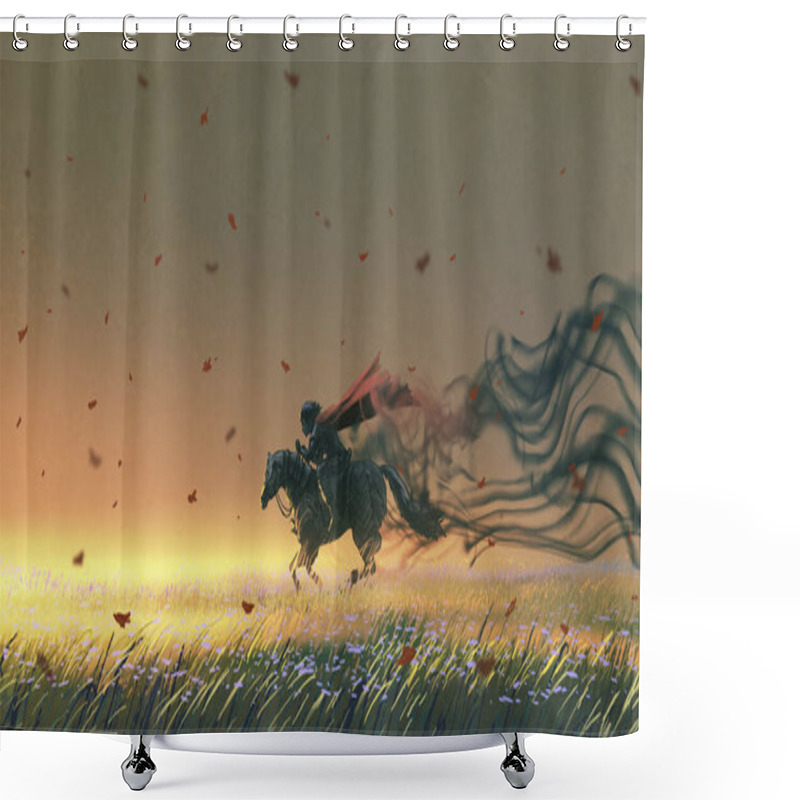 Personality  Knight Riding A Horse Running In The Meadow, Digital Art Style, Illustration Painting Shower Curtains