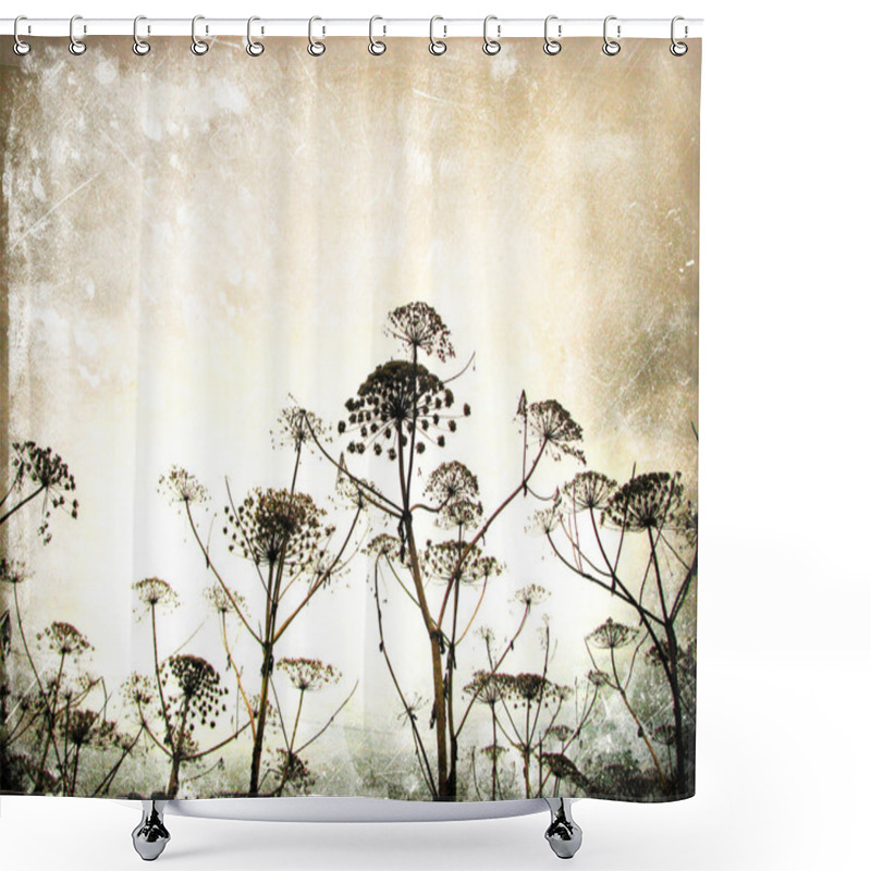 Personality  Dry Fennel Flowers Silhouette On A Sky Background In Grunge And Retro Style. Summer Field. Vintage Card Spring Background Shower Curtains