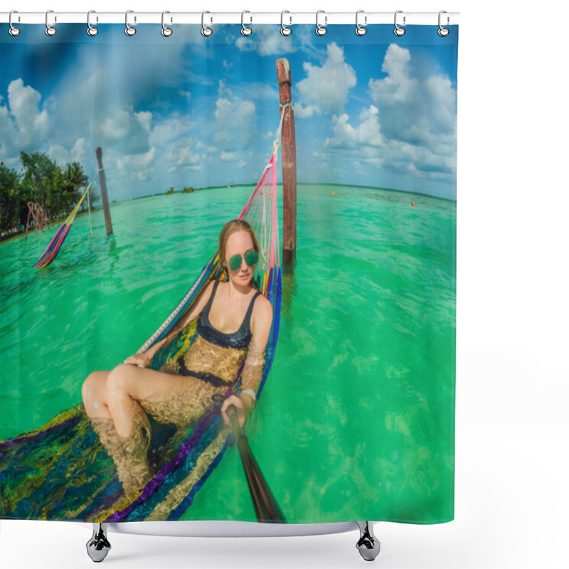 Personality  Woman Tourist Relaxing On A Hammock Above The Turquoise Waters Of Lake Bacalar, Mexico. Peaceful Retreat, Tropical Paradise, And Relaxation Concept In A Serene Natural Setting. Shower Curtains