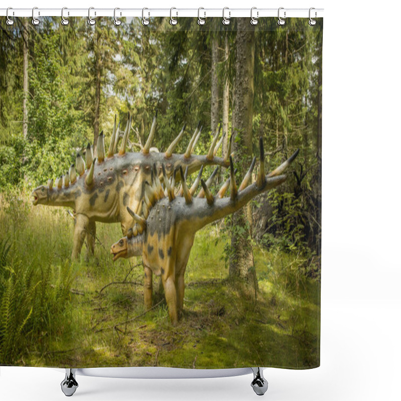 Personality  Giveskud, Denmark - 16 Juli 2019: Kentrosaurus Was A Herbivore In Family With The Stegosaurus. However, It Was A Bit Smaller. Dinosaurs By Nature Believe Sizes As They Were When They Were Alive. Shower Curtains