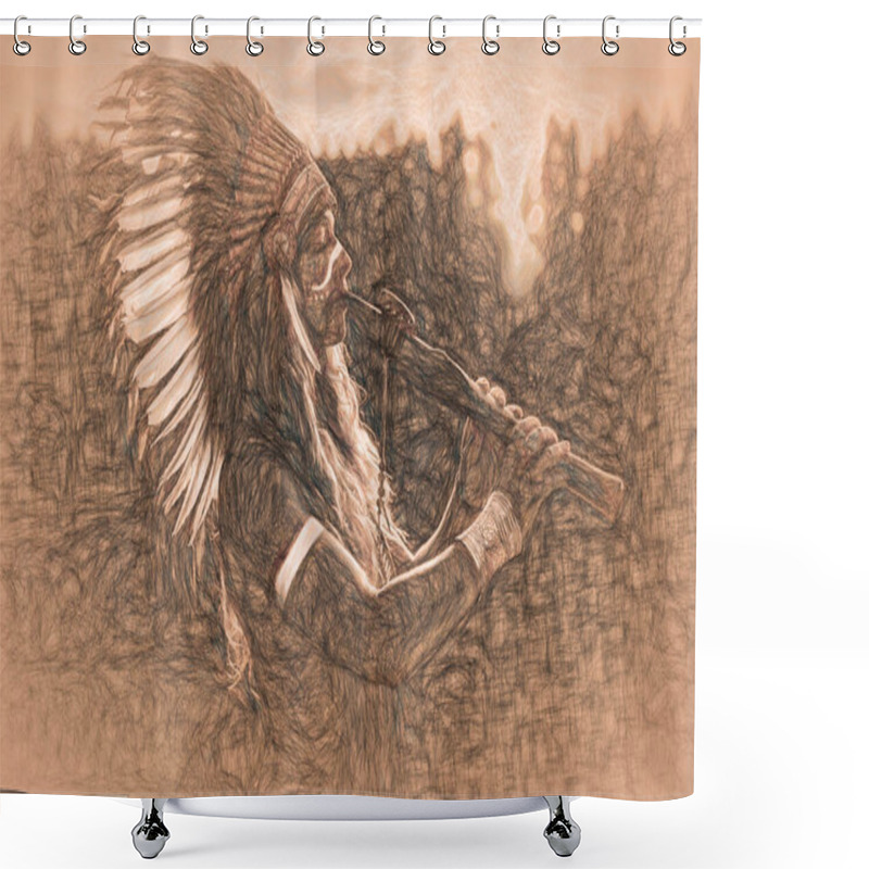 Personality  Beautiful Shamanic Girl Playing On Shaman Flute In The Nature And Drawing Efect. Shower Curtains