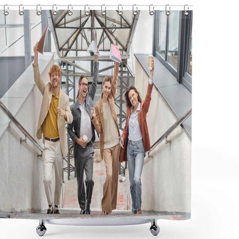 Personality  Cheerful Young Teammates Laughing And Smiling With Document Raised In Hands, Coworking Concept Shower Curtains