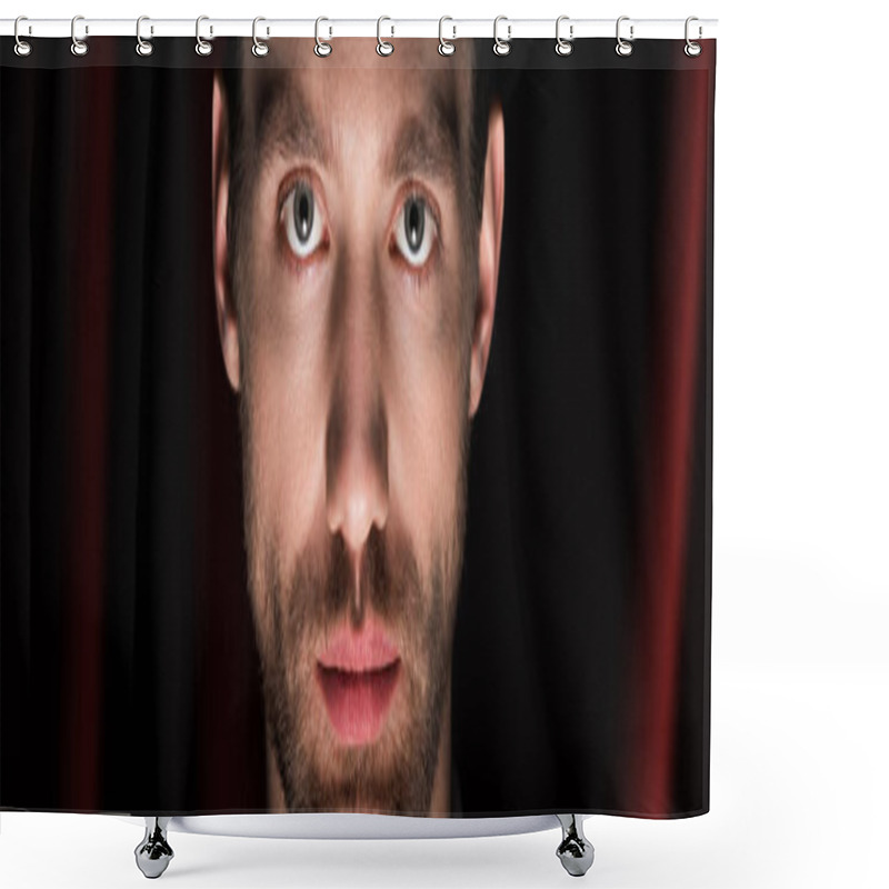 Personality  Panoramic Shot Of Handsome Bearded Man With Red Curtains Behind Shower Curtains