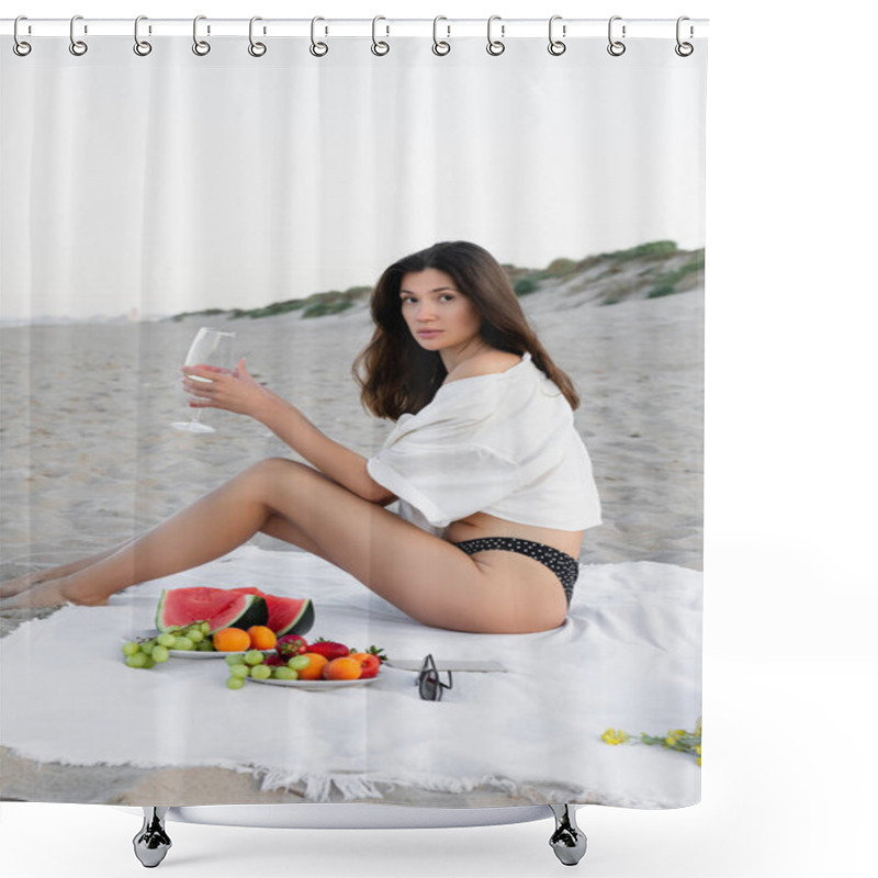 Personality  Brunette Woman In Shirt Holding Wine And Looking At Camera Near Fruits And Sunglasses On Blanket On Beach  Shower Curtains