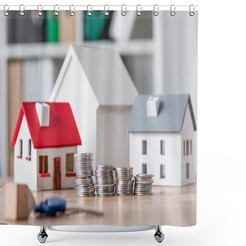 Personality  Selective Focus Of Stacked Coins Near House Models And Keys On Wooden Table Shower Curtains