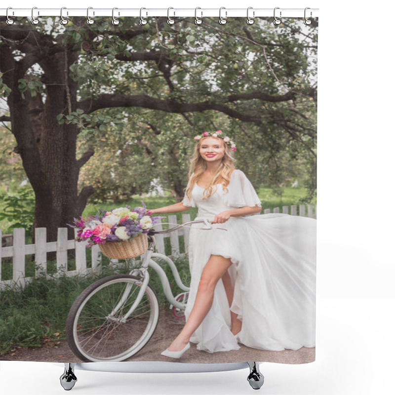 Personality  Beautiful Young Bride Walking With Bicycle And Smiling At Camera Shower Curtains