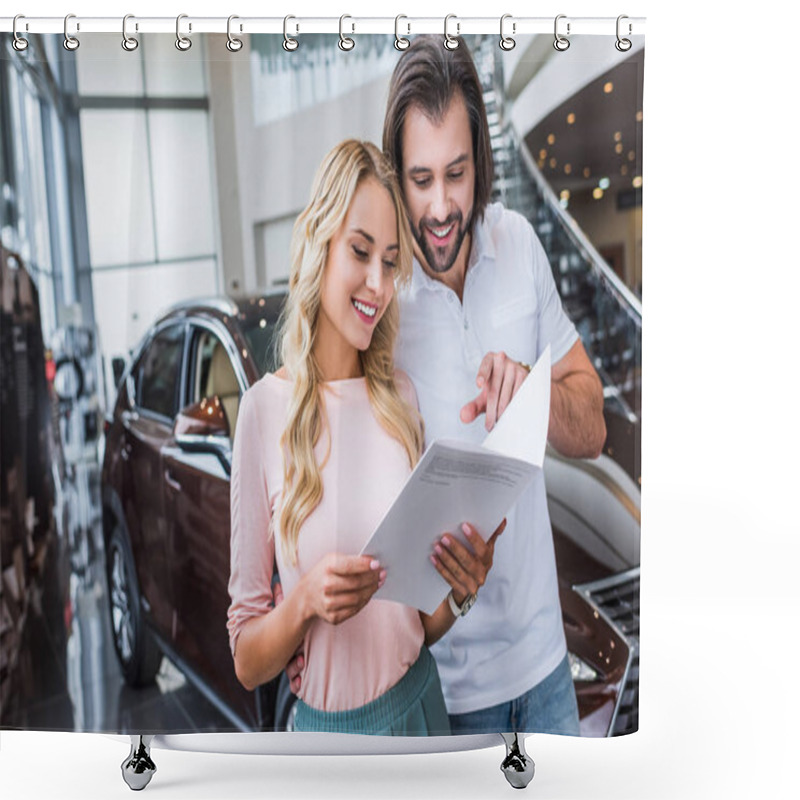 Personality  Portrait Of Cheerful Couple With Catalog Buying Car At Dealership Salon Shower Curtains