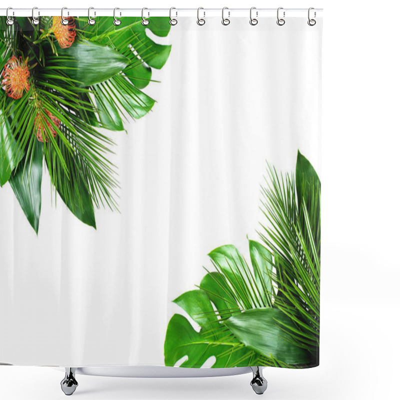 Personality  Close Up Of Bouquets Of Various Fresh Tropical Leaves On White B Shower Curtains