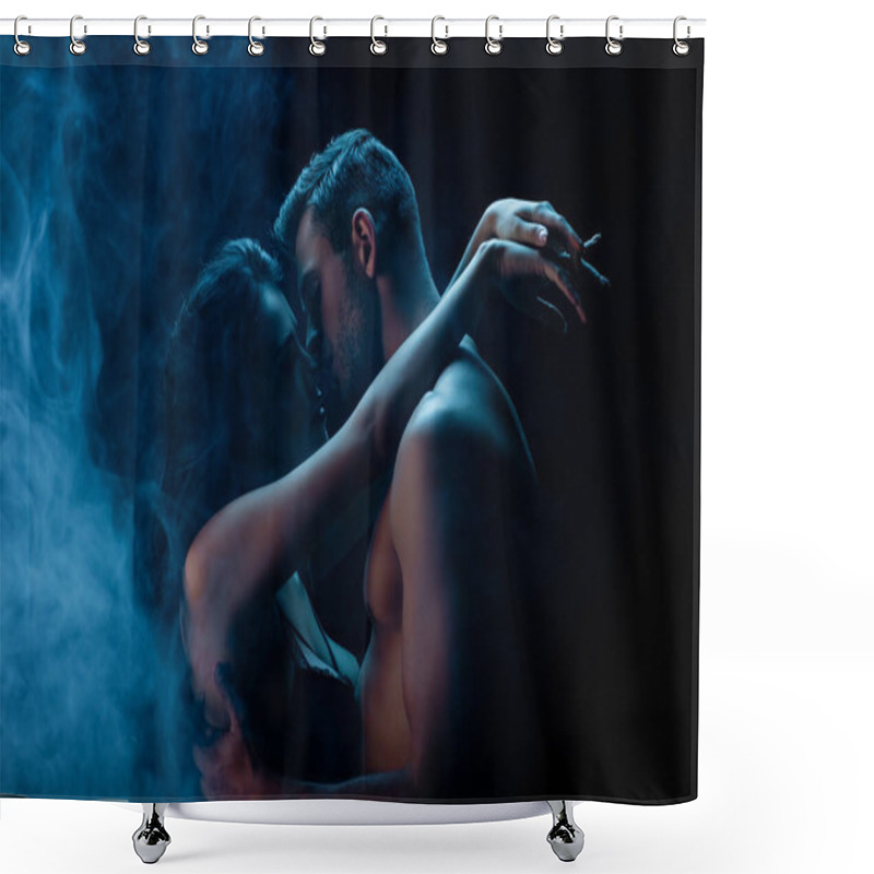 Personality  Sexy Man Kissing Girlfriend In Bra On Black Background With Smoke  Shower Curtains