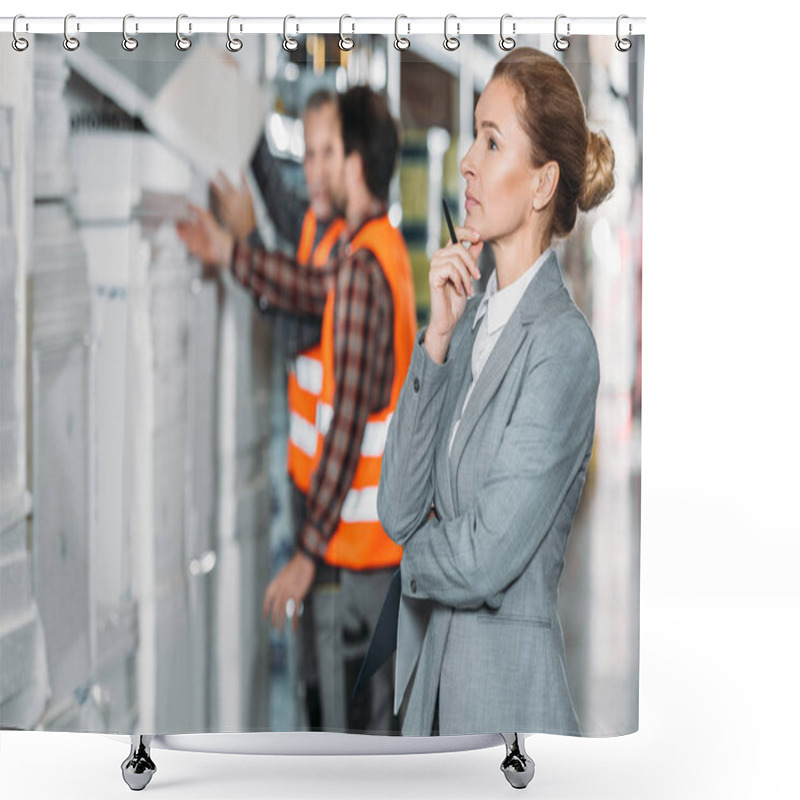 Personality  Thoughtful Inspector Looking At Shelves While Men Working Behind In Storehouse Shower Curtains