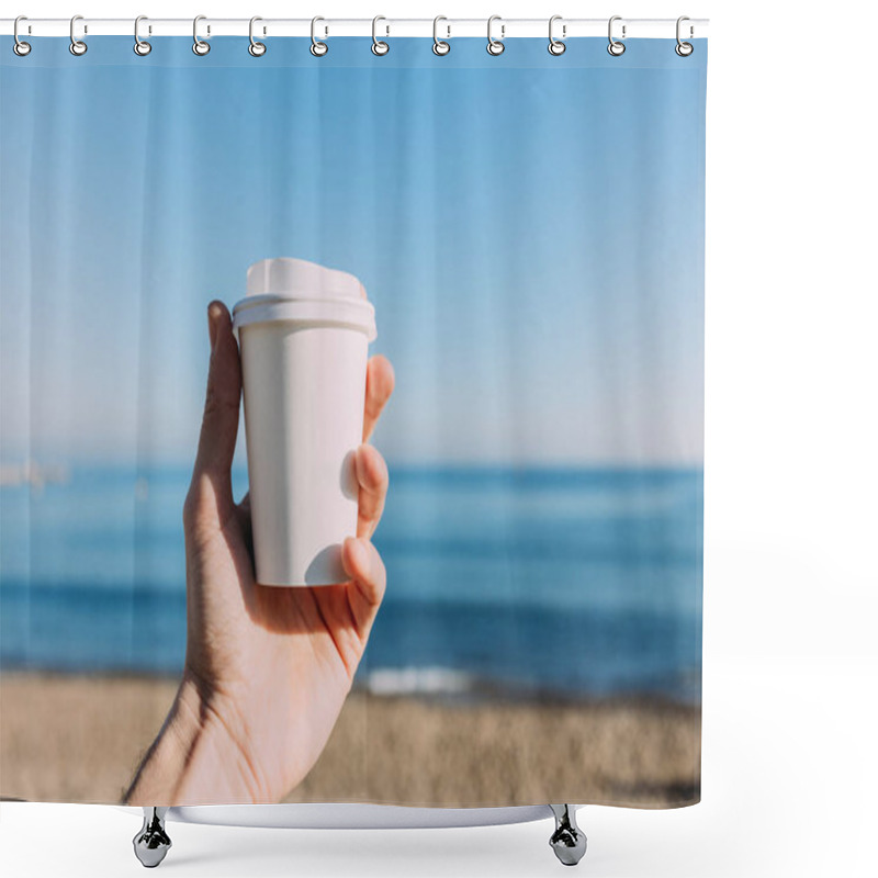 Personality  Partial View Of Man Holding Paper Cup On Tranquil Blue Sea Background, Barcelona, Spain Shower Curtains