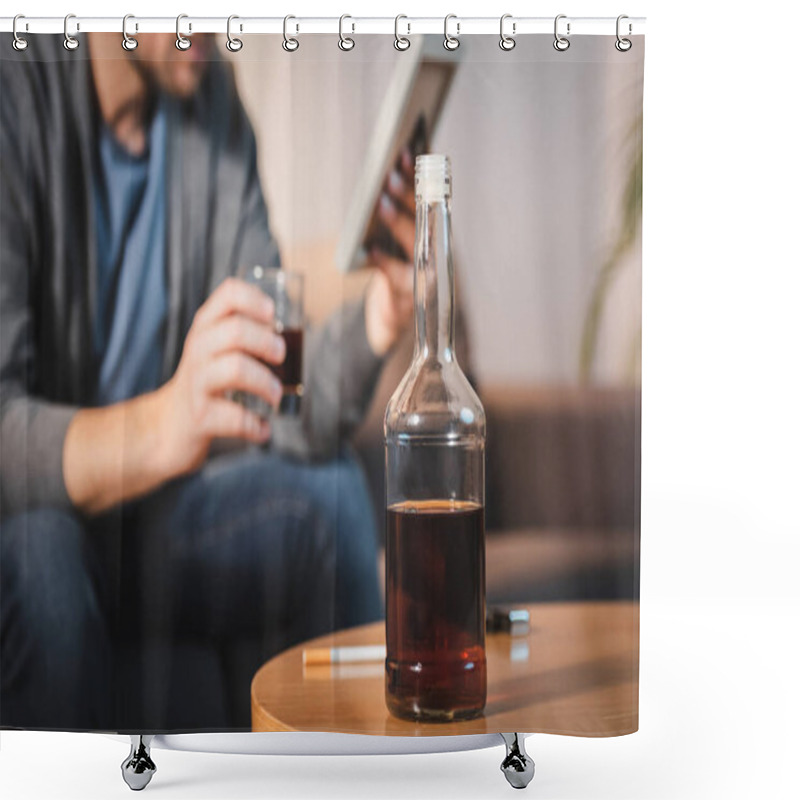 Personality  Bottle Of Whiskey Near Man Holding Photo Frame On Blurred Foreground Shower Curtains