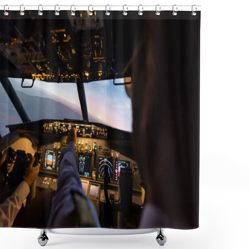 Personality  Back View Of Professionals Piloting Airplane Simulator In Evening  Shower Curtains