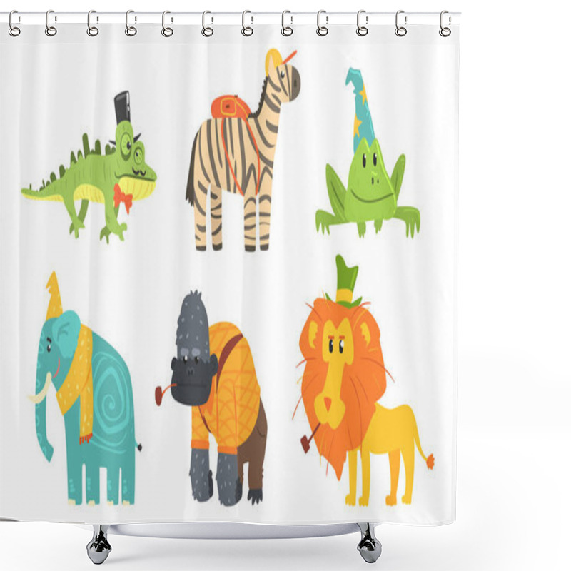 Personality  Funny African Animals Cartoon Characters Set, Gorilla, Chameleon, Frog, Elephant, Lion, Zebra Vector Illustration Shower Curtains