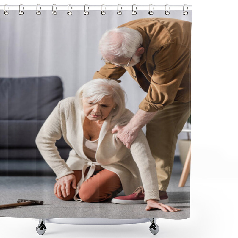 Personality  Senior Man Helping To Get Up Fallen Wife Sitting On Floor Shower Curtains