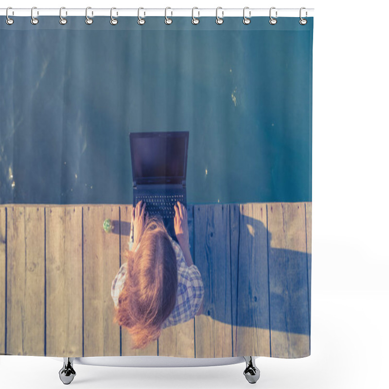 Personality  Female Sitting On Wooden Dock And Working On Laptop. Shower Curtains