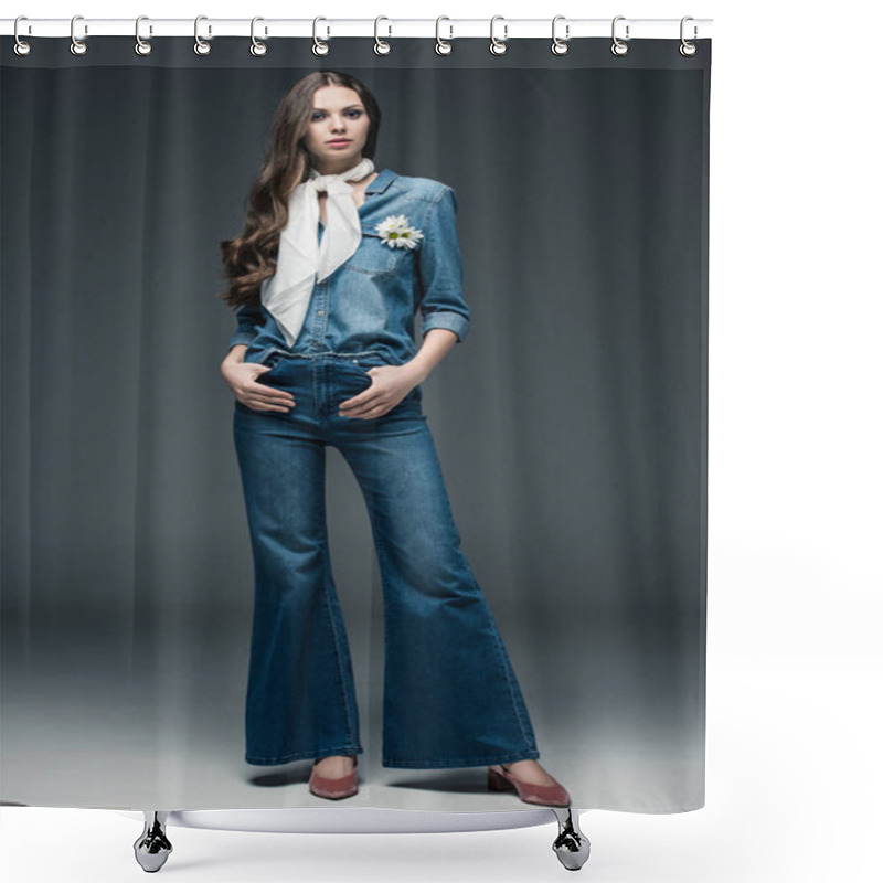 Personality  Beautiful Girl With Long Hair Posing In Scarf, Flare Jeans And Denim Shirt, On Grey Shower Curtains