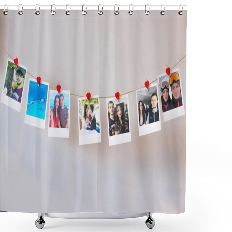 Personality  Lots Of Photos Of A Couple In Love Hanging On A Rope On The Wall With Clothespins Of Hearts. Instant Polaroid Photos Shower Curtains